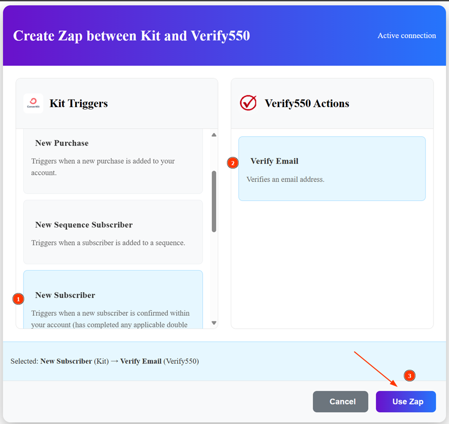 Choose a ConvertKit trigger and link it with Verify550 in Zapier