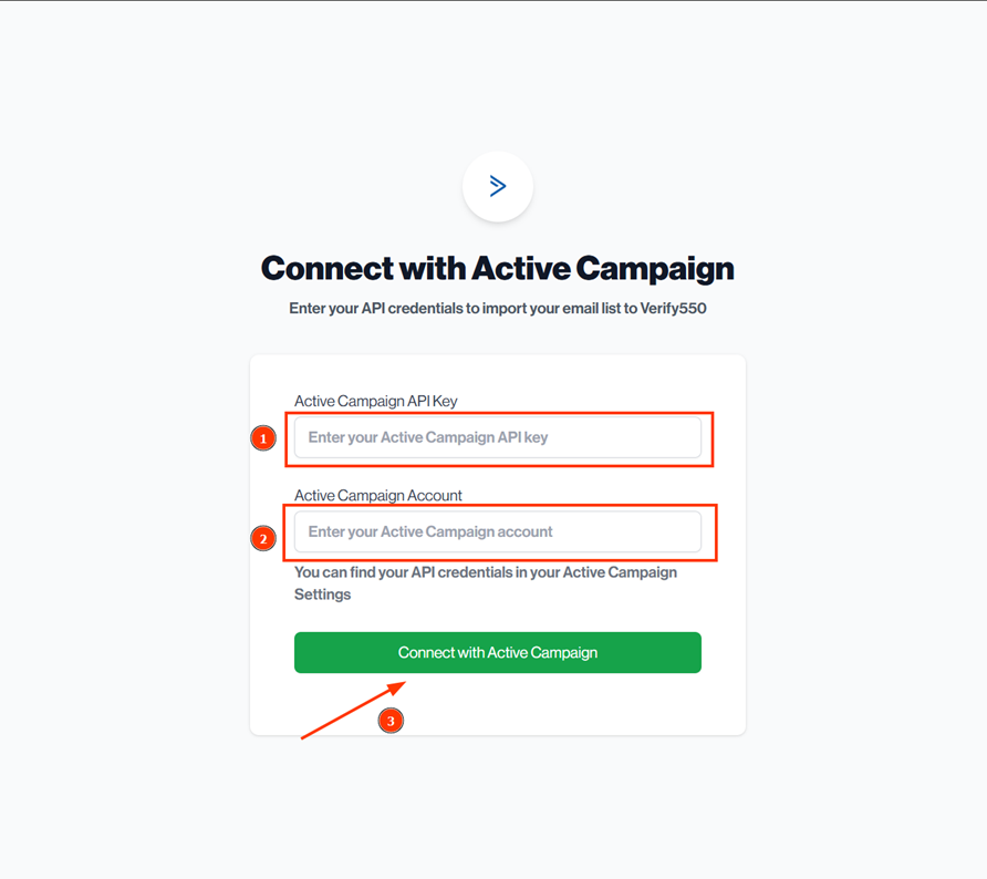 Enter your ActiveCampaign API key to authorize Verify550