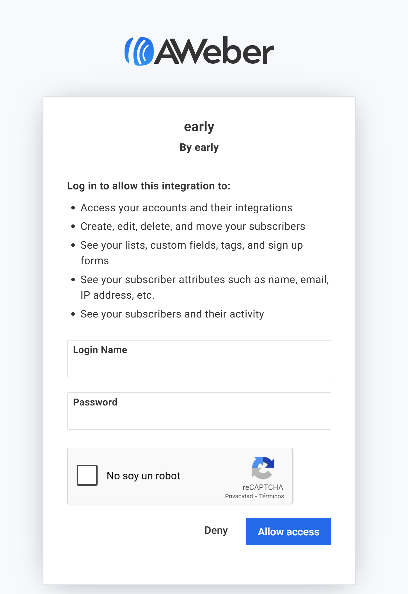 AWeber login and authorization screen for Verify550