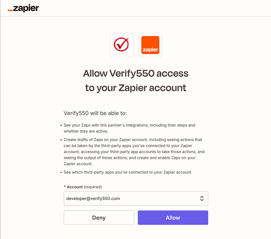 Authorize Verify550 to connect with your Zapier account