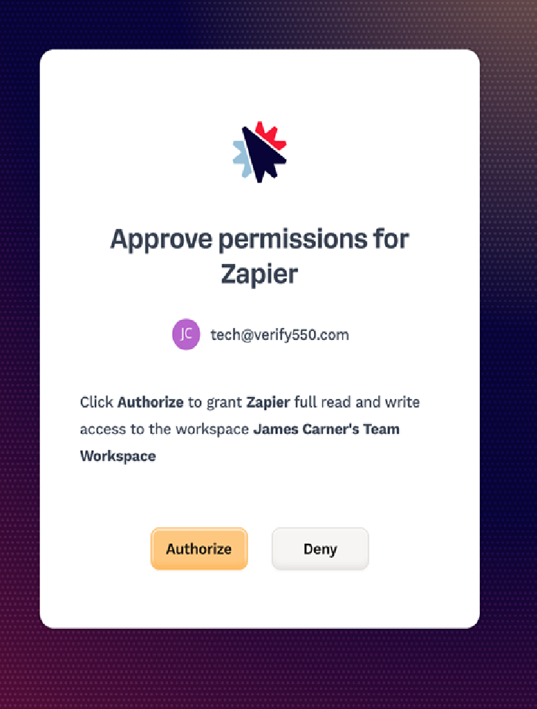 Approve Zapier permissions for the selected workspace