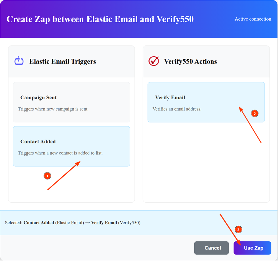 Choose Elastic Email trigger and Verify550 action in Zapier