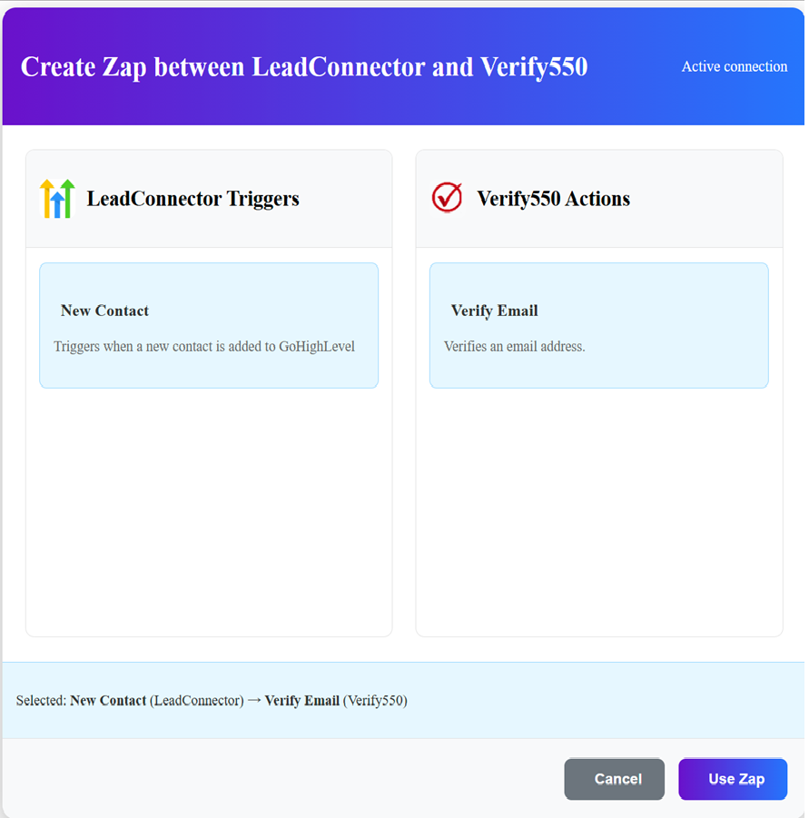 Create a Zap with LeadConnector trigger and Verify550 Verify Email action
