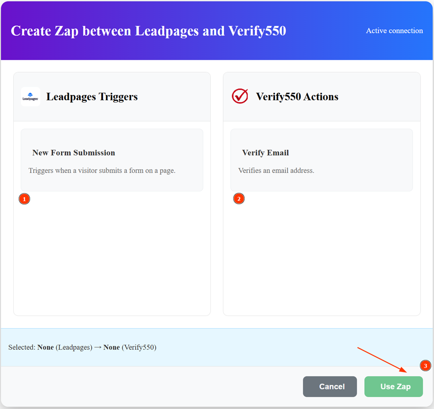 Choose a Leadpages trigger and link it with Verify550 in Zapier