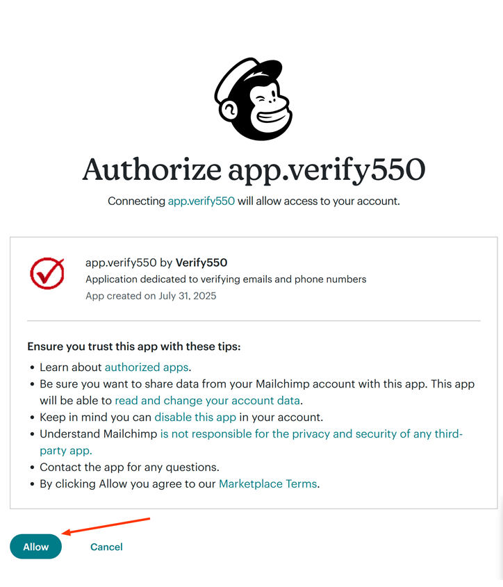 Authorize Verify550 to access Mailchimp