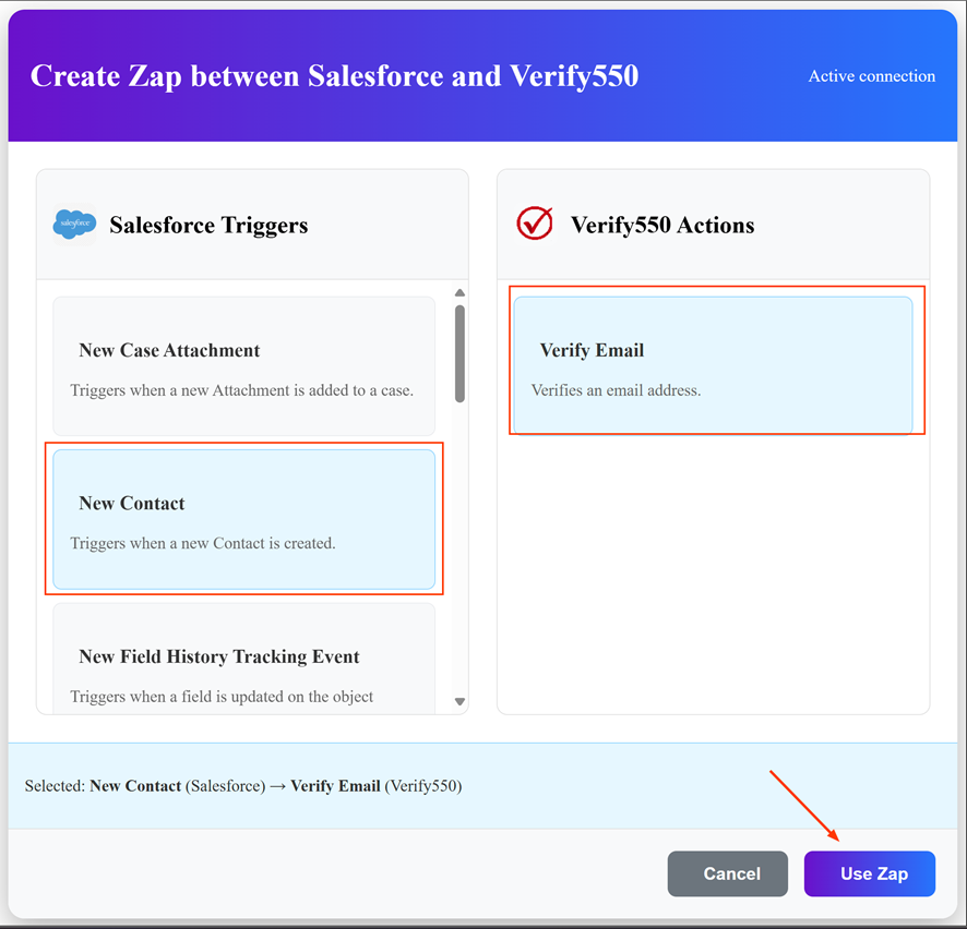 Choose a Salesforce trigger and the Verify550 action in Zapier