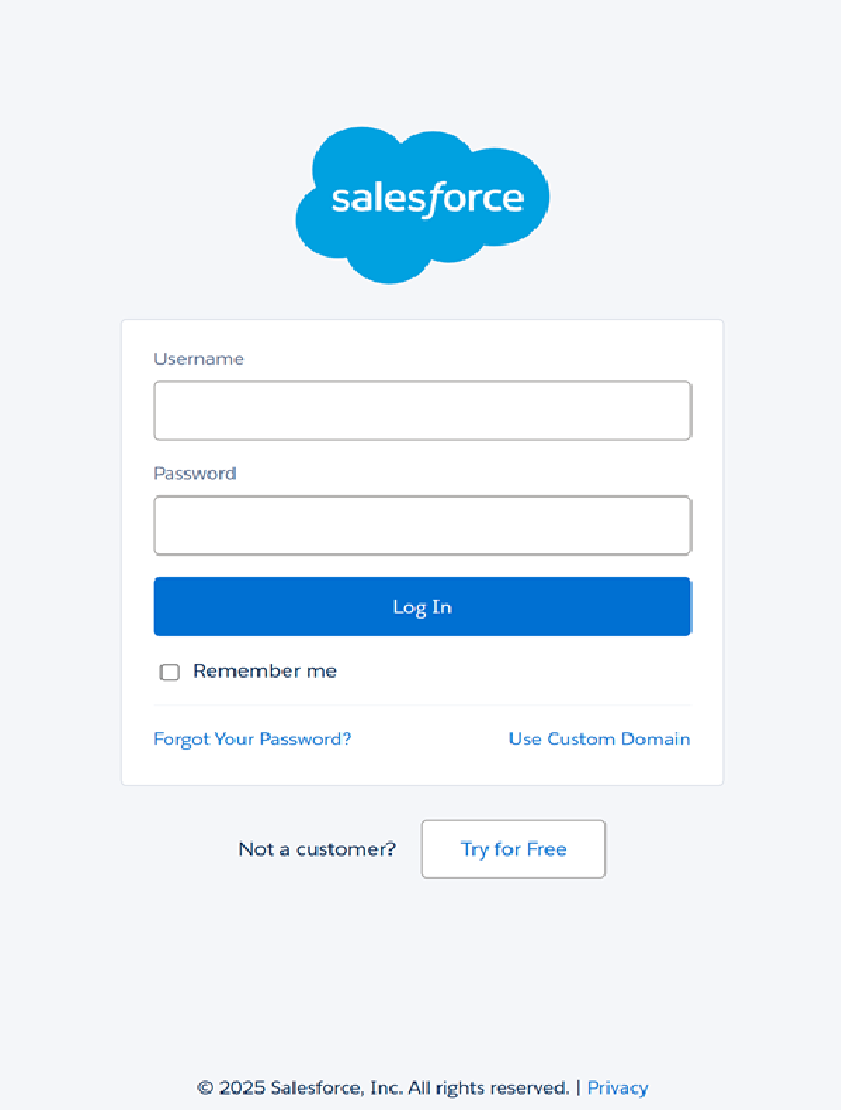 Salesforce login screen to authenticate your account