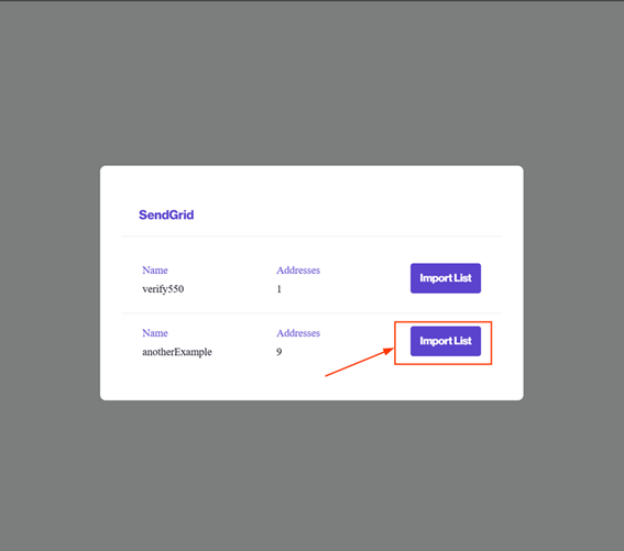 Select a SendGrid list to import into Verify550