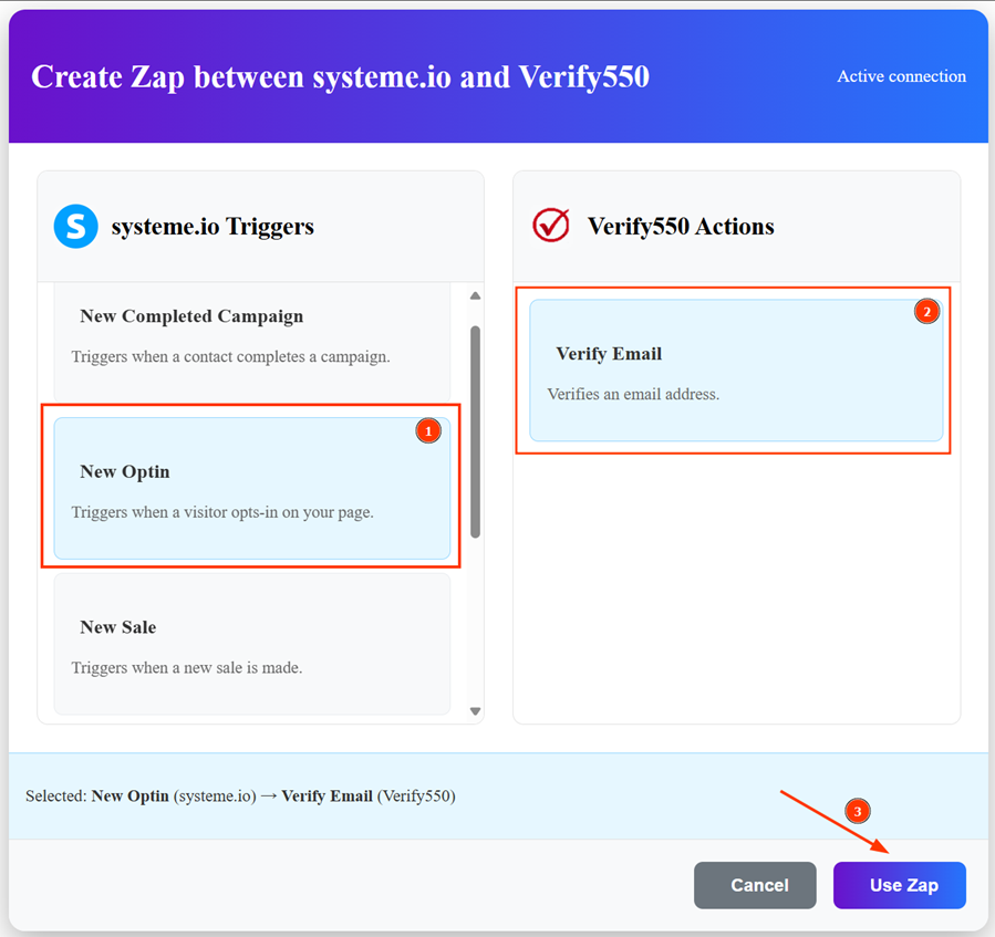 Choose a Systeme.io trigger and link with Verify550 action in Zapier