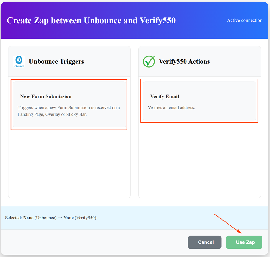 Choose an Unbounce trigger and link it with Verify550 in Zapier